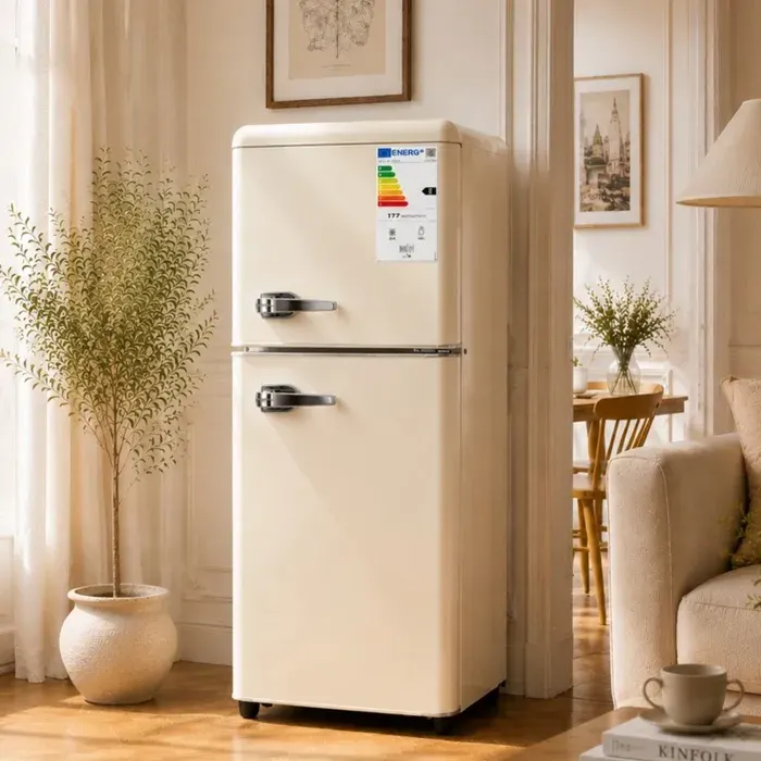 Réfrigérateur double porte 112 L crème 72 L frais + 40 L congélateur thermostat 7 niveaux LED étagères réglables