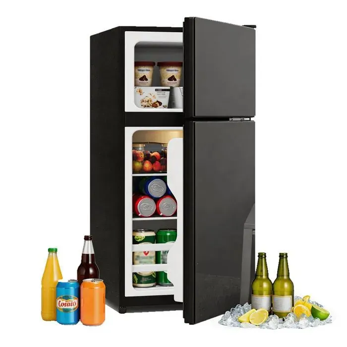 Réfrigérateur Mini 60L avec Congélateur 22L Porte en Verre Éclairage LED Clayettes en Verre Amovibles - Noir — coloris Noire