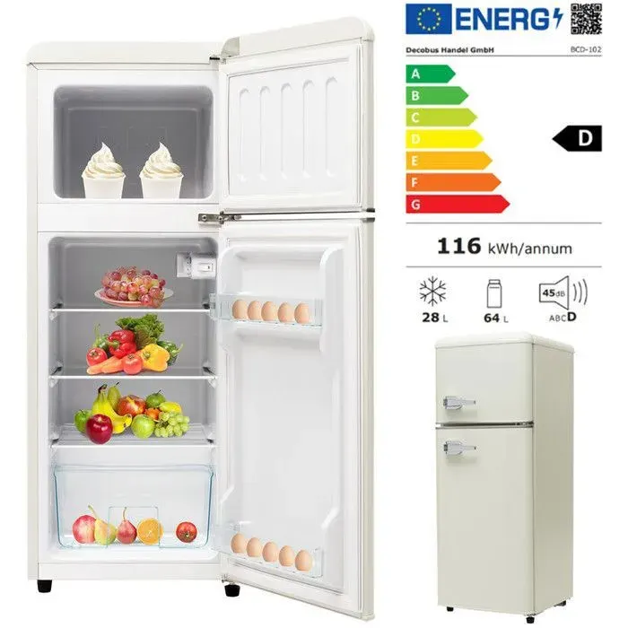 Réfrigérateur Rétro 2 Portes - 64L Froid Statique - Classe D - R600a Écologique - Blanc Antique