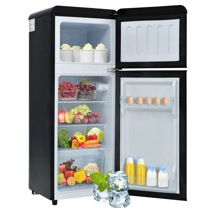 Réfrigérateur rétro 2 portes 92 L avec congélateur 28 L classe D LED 7 températures et clayettes en verre - Noir