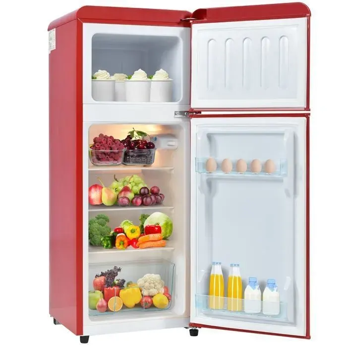 Réfrigérateur rétro 2 portes 92 L avec congélateur 28 L classe D LED 7 températures et clayettes en verre - Rouge