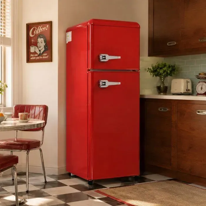 Réfrigérateur Rétro 2 Portes 92L avec Congélateur 28L Frigo Compact Classe Énergétique D 116 kWh/an Rouge
