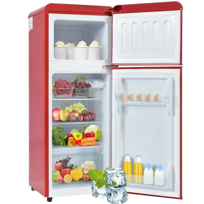 Réfrigérateur rétro 2 portes rouge 92L - compact 105cm classe D -27°C 28L congélateur étagères réglables pour cuisine/salon