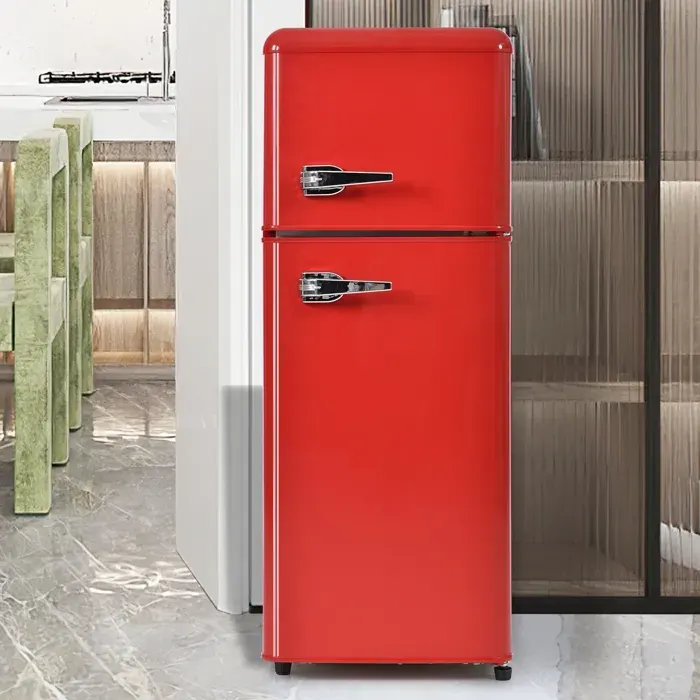 Réfrigérateur Rétro avec Congélateur 92L Frigo Compact 2 Portes Éclairage LED Silencieux 45dB pour Cuisine et Salon 105.5cm