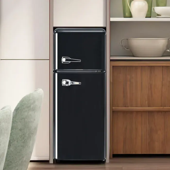 Réfrigérateur rétro noir à double porte 92 L congélateur 28 L classe D LED