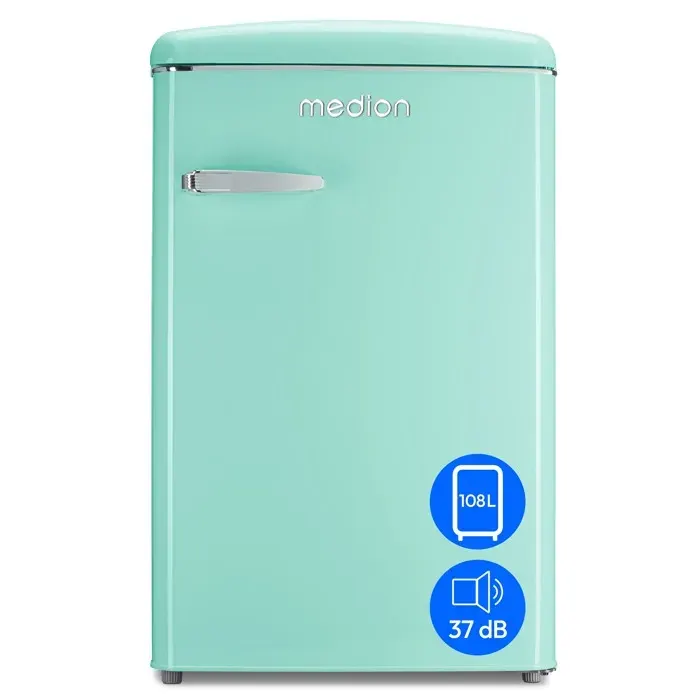 Réfrigérateur Vintage – MEDION MD37790 – 95L réfrigération + 13L glaçons – 37 dB – Éclairage LED – Turquoise