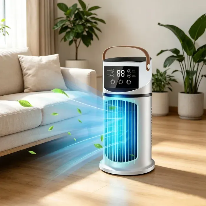 Refroidisseur dair portable - JOULLI - Colonne 9 vitesses - Brumisateur 3 trous - Minuterie 8h - LED 7 couleurs