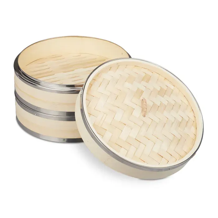 Relaxdays Cuiseur vapeur bambou 2 niveaux anneaux en métal panier asiatique riz dimsum légumes Ø 24 cm nature
