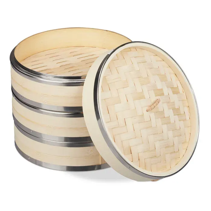 Relaxdays Cuiseur vapeur bambou 3 niveaux anneaux en métal panier asiatique riz dimsum légumes Ø 24 cm nature