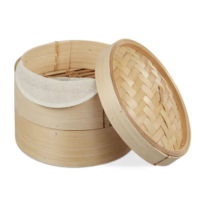 Relaxdays cuiseur vapeur bambou panier asiatique avec 2 étages pour Dim Sum riz bamboo steamer Ø 205 cm nature