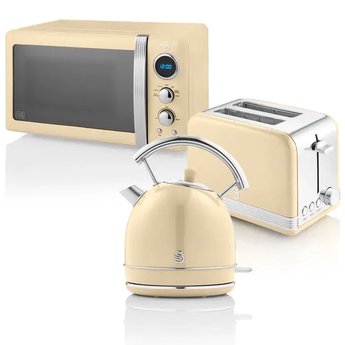 Retro Set Petit-Déjeuner Bouilloire 18L Grille-Pain 2 Tranches Micro-ondes 20L SWAN STRP2070CNEU 850W Crème