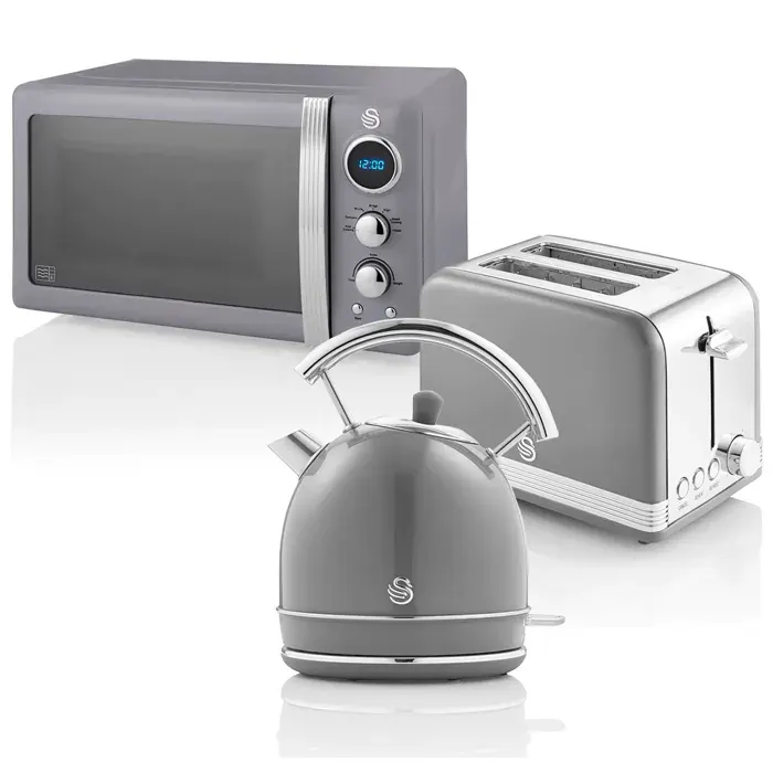 Retro Set Petit-Déjeuner Bouilloire 18L Grille-Pain 2 Tranches Micro-ondes 20L SWAN STRP2070GRNEU 850W Gris