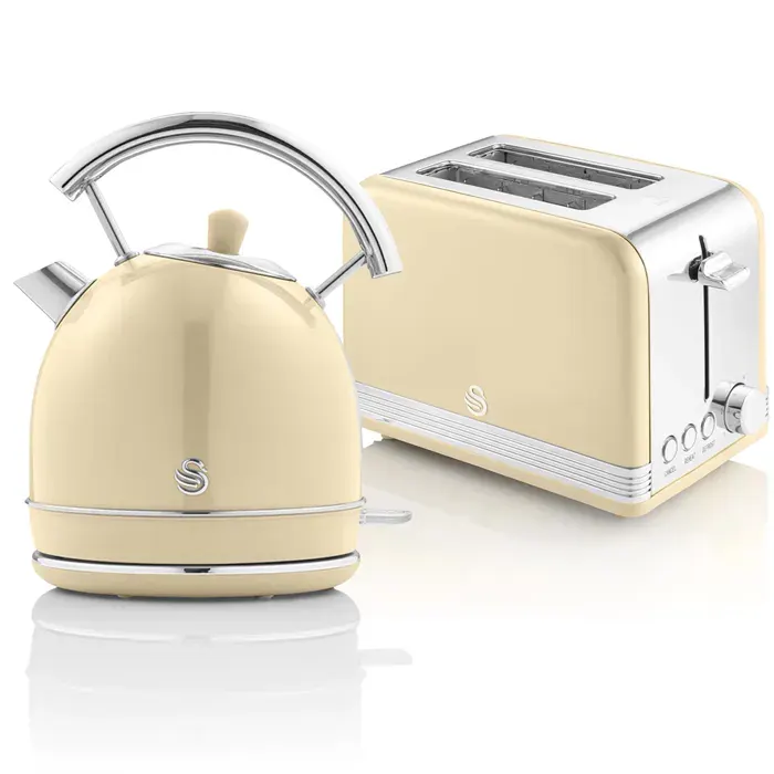 Retro Set Petit-Déjeuner Bouilloire 18L Sans fil Grille-Pain 2 Larges Tranches SWAN STP7050CNEU 850W Crème