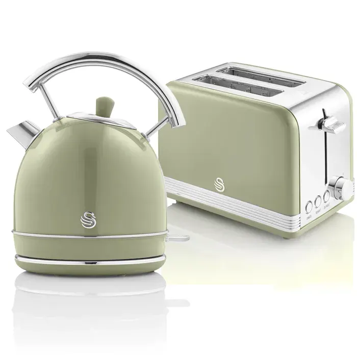 Retro Set Petit-Déjeuner Bouilloire 18L Sans fil Grille-Pain 2 Larges Tranches SWAN STP7050GNEU 850W Vert