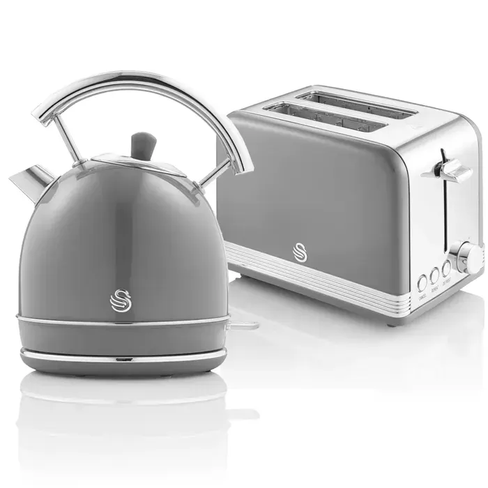 Retro Set Petit-Déjeuner Bouilloire 18L Sans fil Grille-Pain 2 Larges Tranches SWAN STP7050GRNEU 850W Gris