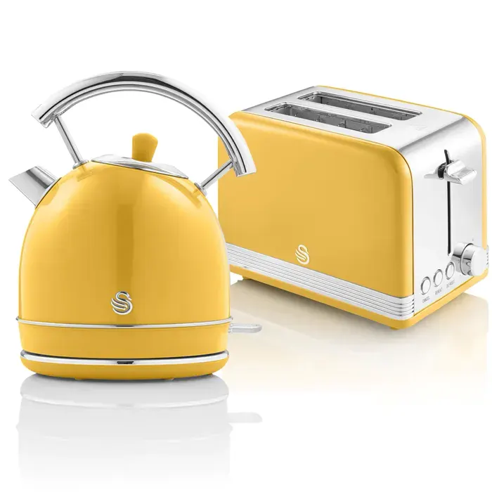 Retro Set Petit-Déjeuner Bouilloire 18L Sans fil Grille-Pain 2 Larges Tranches SWAN STP7050YELNEU 850W Jaune