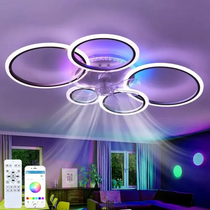 RGB Ventilateur Plafond Avec Lumiere LED Dimmable Télécommande Réversible 6 Vitesses Timing Lustre Ventilateur Salon Φ95CmNoir