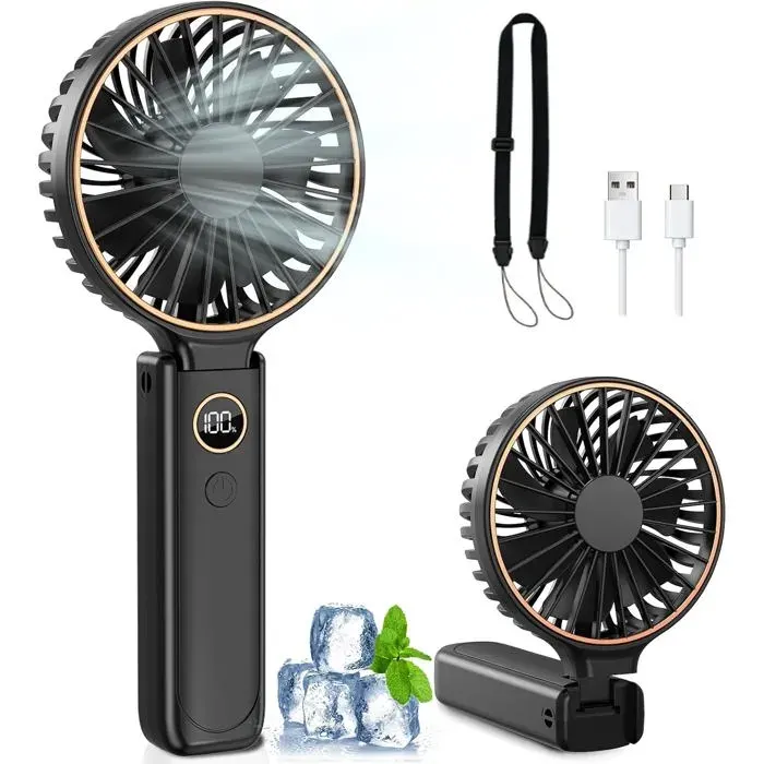 Rintea Mini Ventilateur Portable 6 Vitesses Écran LED USB-C Rechargeable Silencieux Noir
