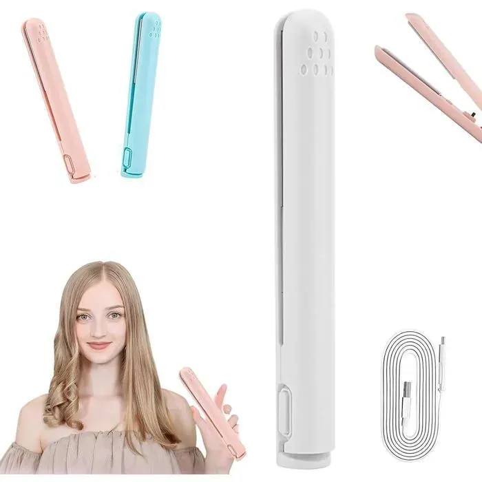 ®RisingFF Fer à lisser et boucler 2 en 1 petit fer à boucler USB portable mini fer à boucler en céramiqueblanc