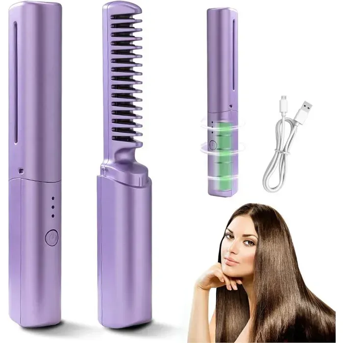 ®RisingFF Mini brosse lissante sans fil - Brosse chauffante et styler portable 2 en 1 - USB