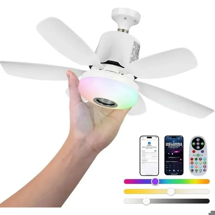 Roadtime 47cm RGB Ventilateur de plafond avec lumière32W E27 socle Ventilateur de plafond à lumière variable avec 3 vitesses6 pale