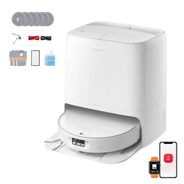 Roborock Saros 20 Neo Aspirateur Robot Laveur 36000Pa Seuils jusquà 88cm Eau Chauffée 100°C Anti-Enchevêtrement Détection IA Blanc