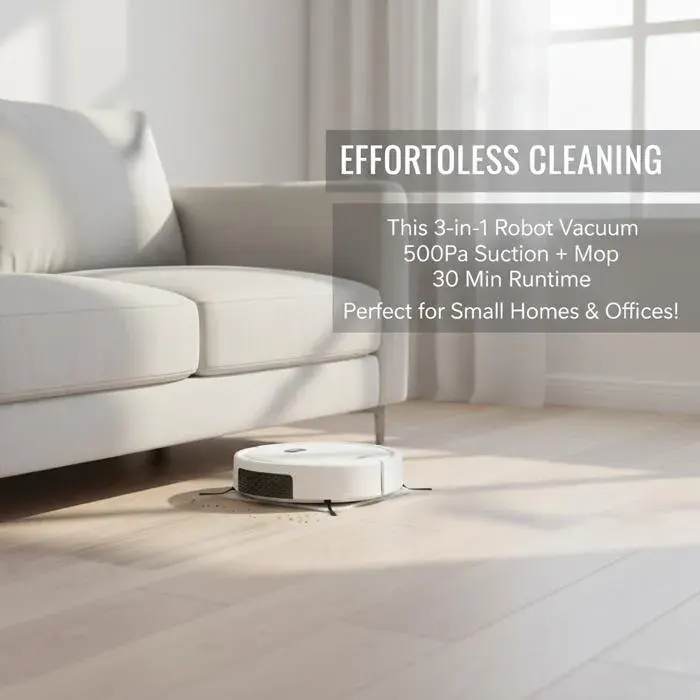Robot aspirateur 3-en-1 500 Pa batterie 800 mAh 30 min ultra-fin 55 cm sols durs et tapis Noir/Blanc