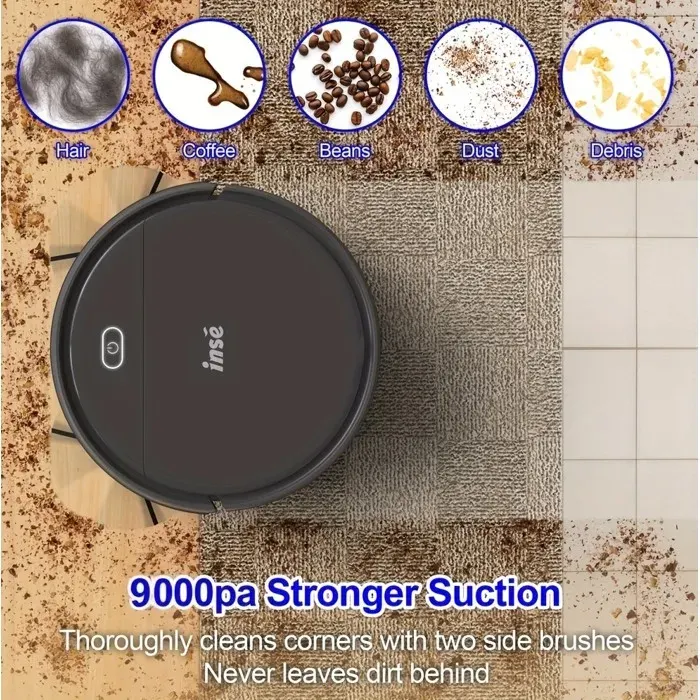 Robot aspirateur 9000 Pa télécommande capteurs anti-chute et anti-collision design ultra fin double brosse latérale gris