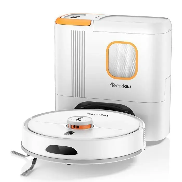 Robot aspirateur et vadrouille Teendow avec station de vidange automatique 6 000 Pa sac à poussière 3 L batterie 5 000 mAh
