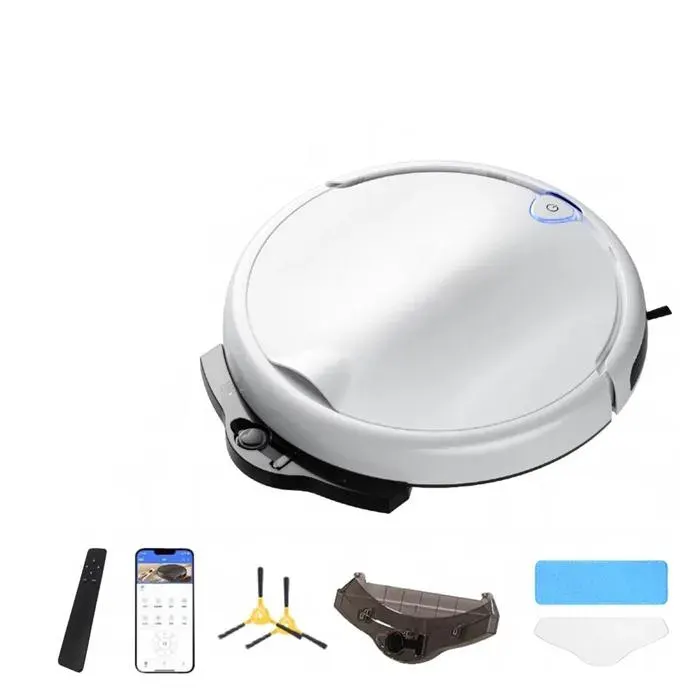 Robot Aspirateur Laveur Intelligent Automatique Grande Capacité dEau Nettoyage Sec et Humide Maison Sols Auto-Lavage blanc