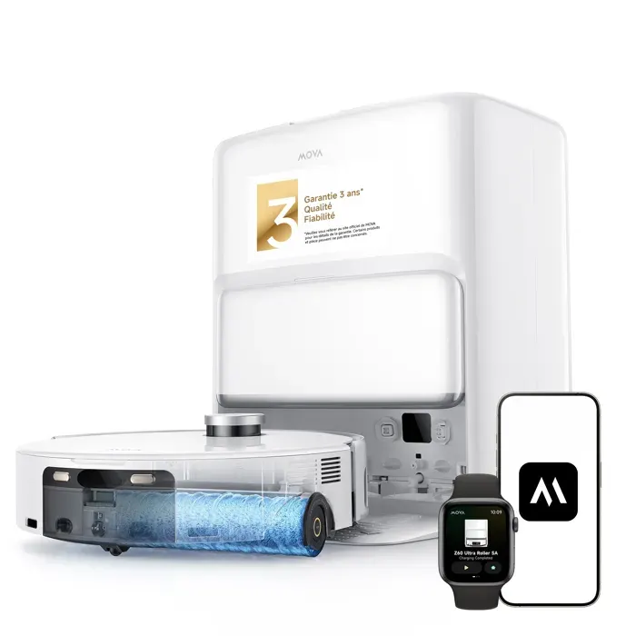 Robot Aspirateur - MOVA - Z60 Roller SA - 26000 Pa - Lavage HydroForce™ - Détection déjections