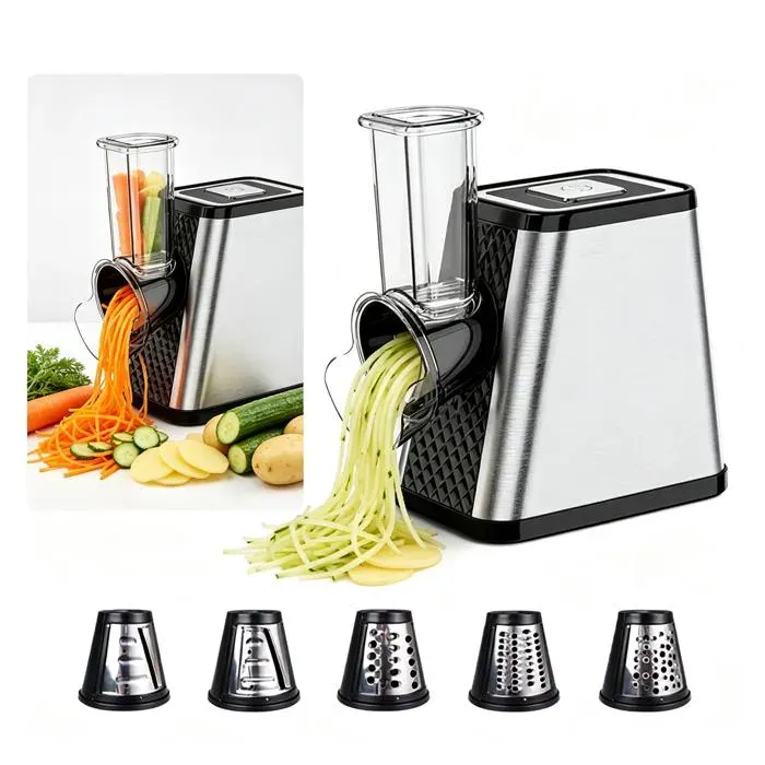 Robot Coupe Légumes 800W 5 Lames (Tranches/Râpés/Hachoir) Entrée 9x7.5cm Corps Inox Sécurité Enfant Lave-Vaisselle