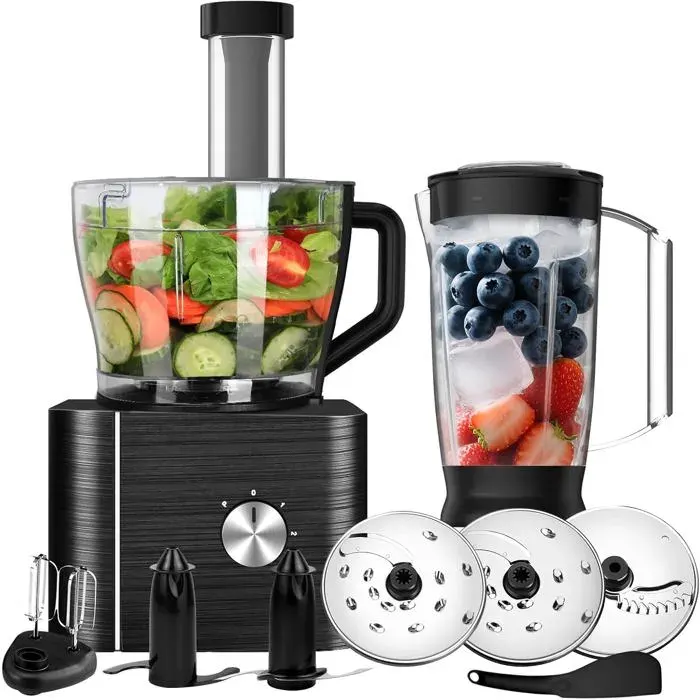 Robot Cuisine Multifonctions 1100W Food Processor Inclus Hachoir Trancher Crochet Pétrisseur Mixeur Presse-Agrumes 3.2L Bol M