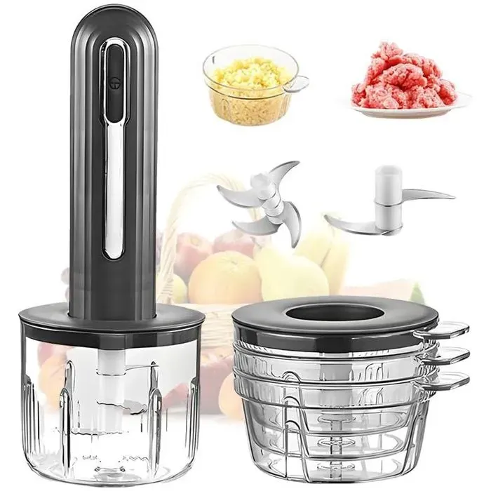 Robot culinaire multifonction USB rechargeable - 2 lames 4 récipients - Épices légumes viandes