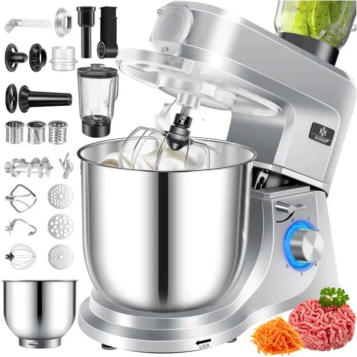 Robot de cuisine multifonction argent - KESSER - 3 en 1 - Bol 55 L - Mixeur 15 L - 1500 W - 6 niveaux de vitesse