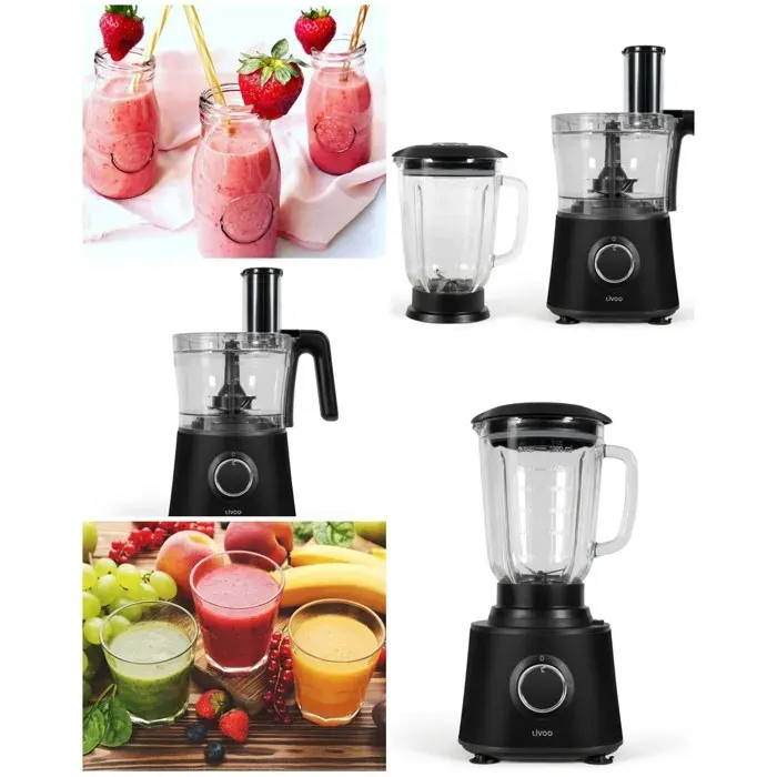 Robot de cuisine multifonction - LIVOO - 6 en 1 - 600 W - Bol verre 15 L - 2 vitesses + pulse — coloris Noir