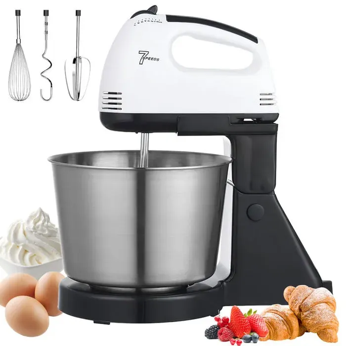 Robot de Cuisine Multifonctions 100 W Robot Mixeur Pâtisserie avec Bol dAcier Inoxydable Fouet Batteur Crochet 7 Vitesses