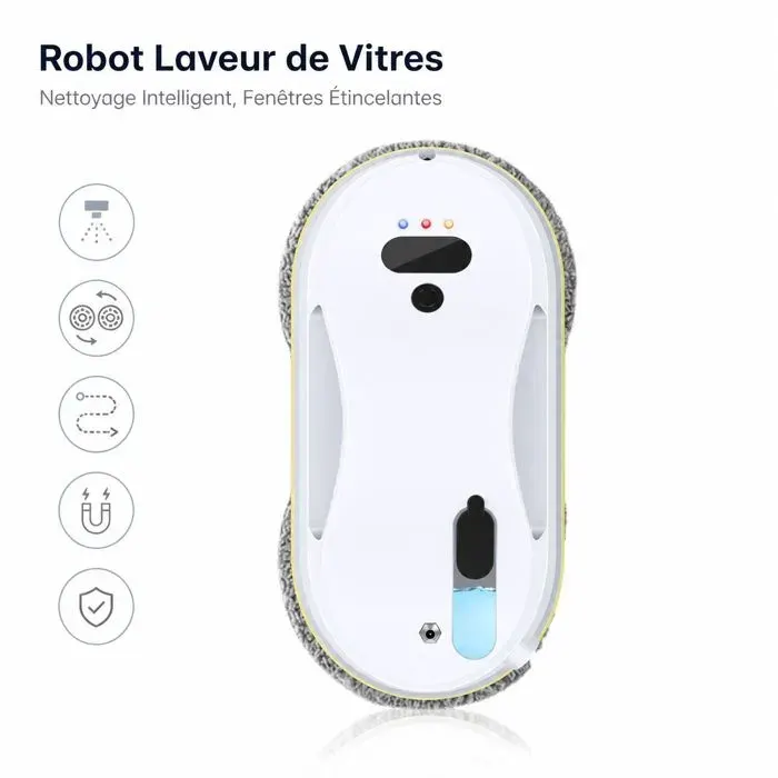Robot lave-vitre – aspiration 2800Pa pulvérisation ultrasonique – pour fenêtres domestiques et barreaux – 295x145x90mm Blanc