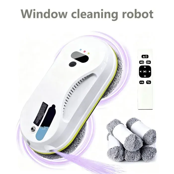 Robot Lave-Vitre Auto Pulvé 3800Pa Télécommande 10m Sécurité UPS 20min & Câble 150kg 8 Chiffons