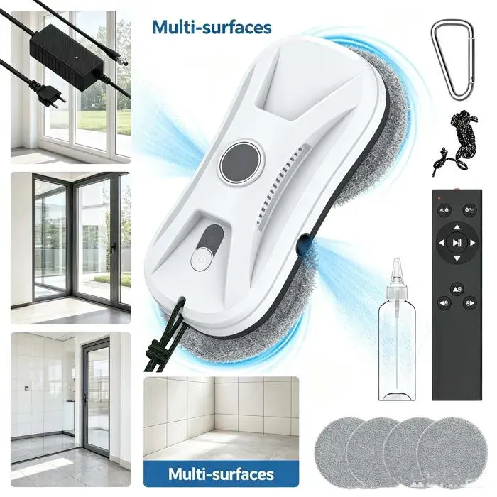 Robot lave-vitres automatique – pulvérisation 3 voies 2700Pa – Contrôle à distance – Nettoyage sûr 4 lingettes - 2 modes 72W