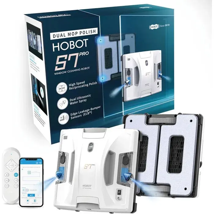 Robot lave vitres - Hobot - S7 Pro - Pulvérisation à ultrasons double de 15 nm puissance daspiration de 4 800 Pa