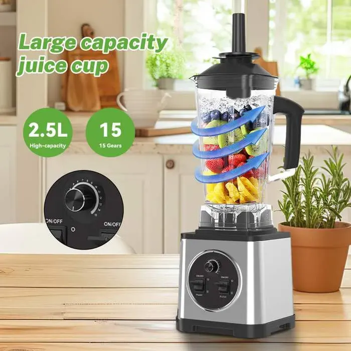 Robot Mixeur 3-en-1 –blender 1200W 15 Vitesses 2.5L+2L+0.8L Lames Inox – Smoothies Jus Soupes – Corps Acier Inoxydable + ABS