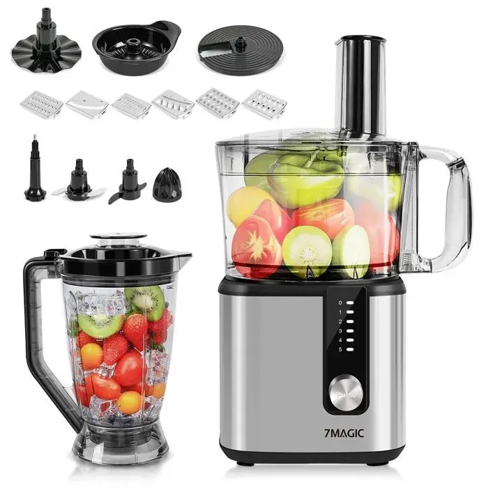 Robot multifonction 7MAGIC - 750W - 5 vitesses - Bol 2L - Blender 1.8L - Gris argenté