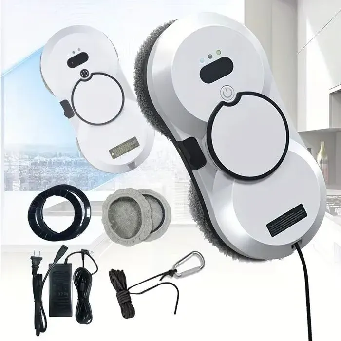 Robot Nettoyeur Vitre Automatique 5600Pa avec 3 Modes de Nettoyage 10 Chiffons Télécommande pour Toutes Les Surfaces Lisses
