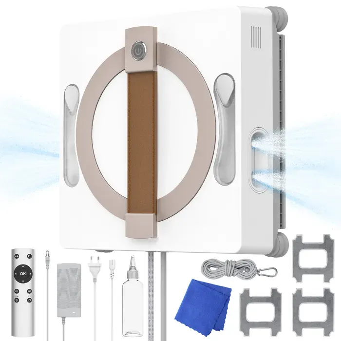 Robot Nettoyeur Vitres 3200Pa 4 Pulvérisations Moteur Sans Balais 3 Modes (Z/N/Profond) Voix Synthétisée Sécurité 5m Pour Fenêtre