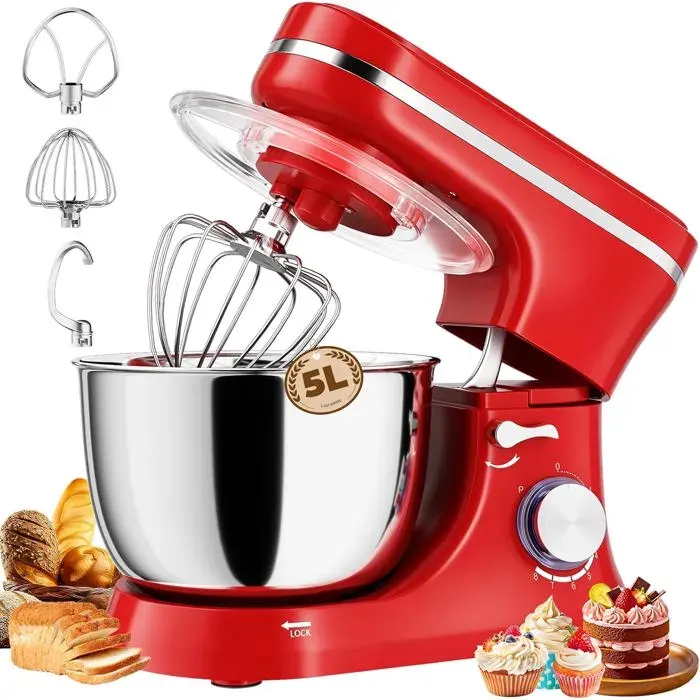 Robot Pâtissier 1000W 8 Vitesses + Fonction Pulse Robot pétrin multifonction avec Bol 5L Inox