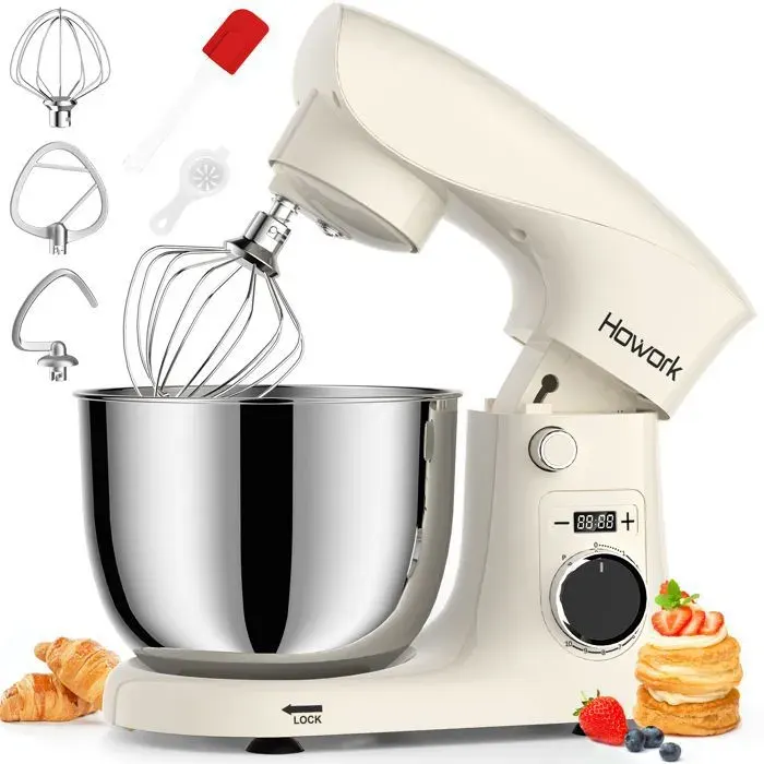 Robot Pâtissier 1500W 55L BolRobot de Cuisne10+P VitessesCrochet à Pâte Batteur plat & Fouet Robot Pétrin Professionnel(cream)