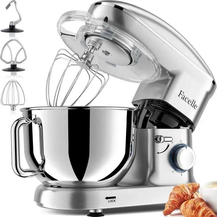 Robot Pâtissier 1500W Petit Électroménager 62 LAvec Crochet PétrisseurBatteurFouet À FilProtection Contre Les
