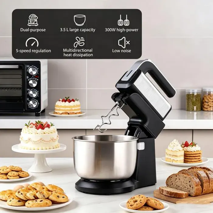 Robot pâtissier 3-en-1- 300W Pétrin - 5 Vitesses - Bol Inox 3.5L - 2 Pétrin Fouet 2 Batteur - Fonction turbo - Noir