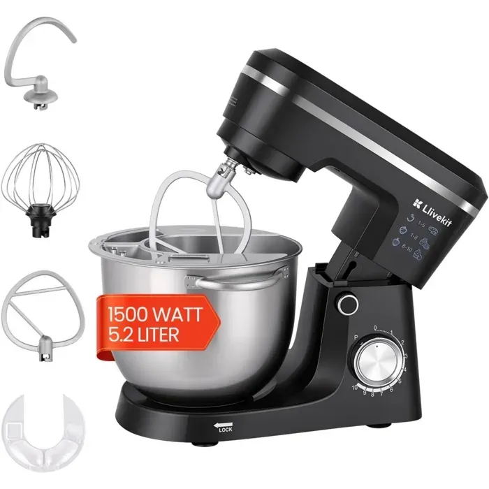 Robot Pâtissier 5.2L 1500W - LLIVEKIT Robot Cuisine - Pétrin Multifonction avec 10 Vitesses+Pulse - Protection Contre la Surchauffe